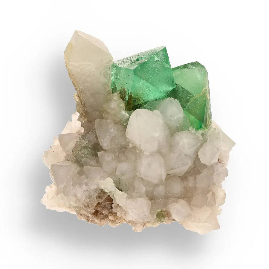 Rare Green Fluorite Octahedral Crystals with Quartz Matrix - Riemvasmaak, Northern Cape, South Af...