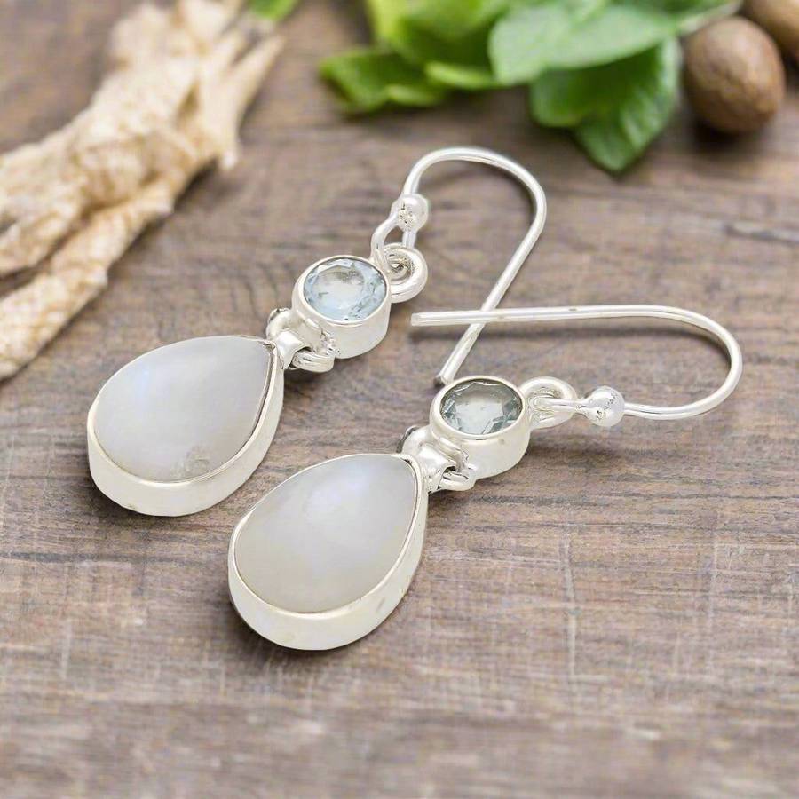 Twinkle and Shine: Rainbow Moonstone & Blue Topaz Earrings