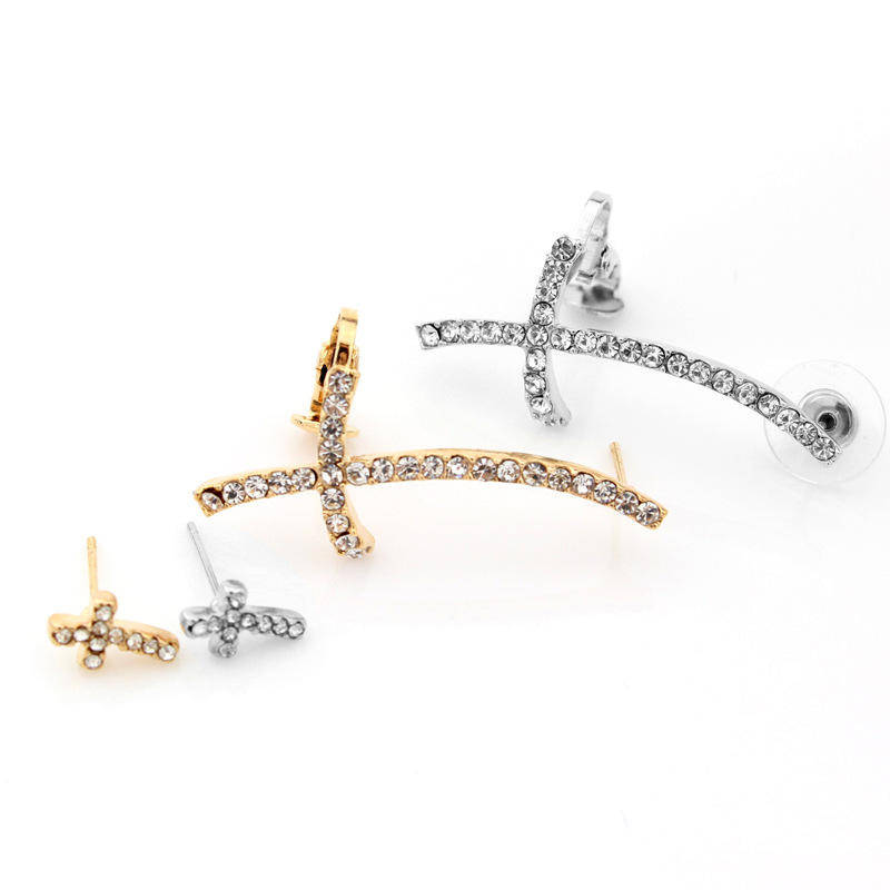 Stylish Ear Clip Long Cuff Earring Trendy Rhinestone Cross Silver Gold Earrings Jewelry ... - Silver