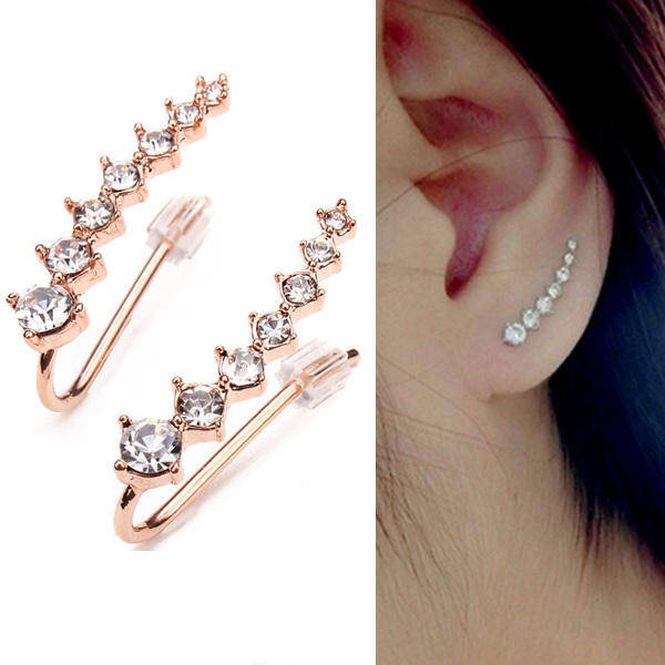 Italina Rhinestone Crystal Ear Cuff Earrings 18K Rose Gold Plated - Silver