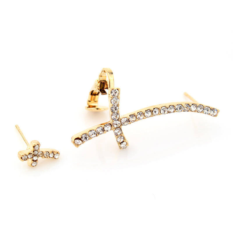 Stylish Ear Clip Long Cuff Earring Trendy Rhinestone Cross Silver Gold Earrings Jewelry ... - Silver