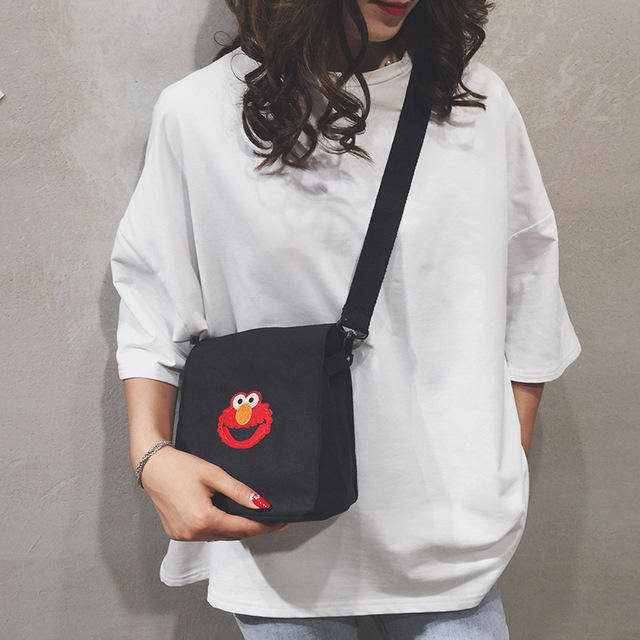 New Japanese Personality Fries Bag Canvas Handbags Cartoon Sesame Street Judi Shoulder Mes... - Blue