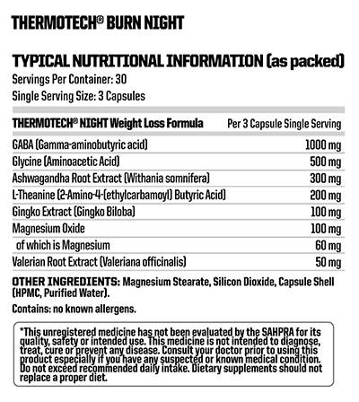Nutritech Thermotech Burn Night 90 Caps - Nutritional Information