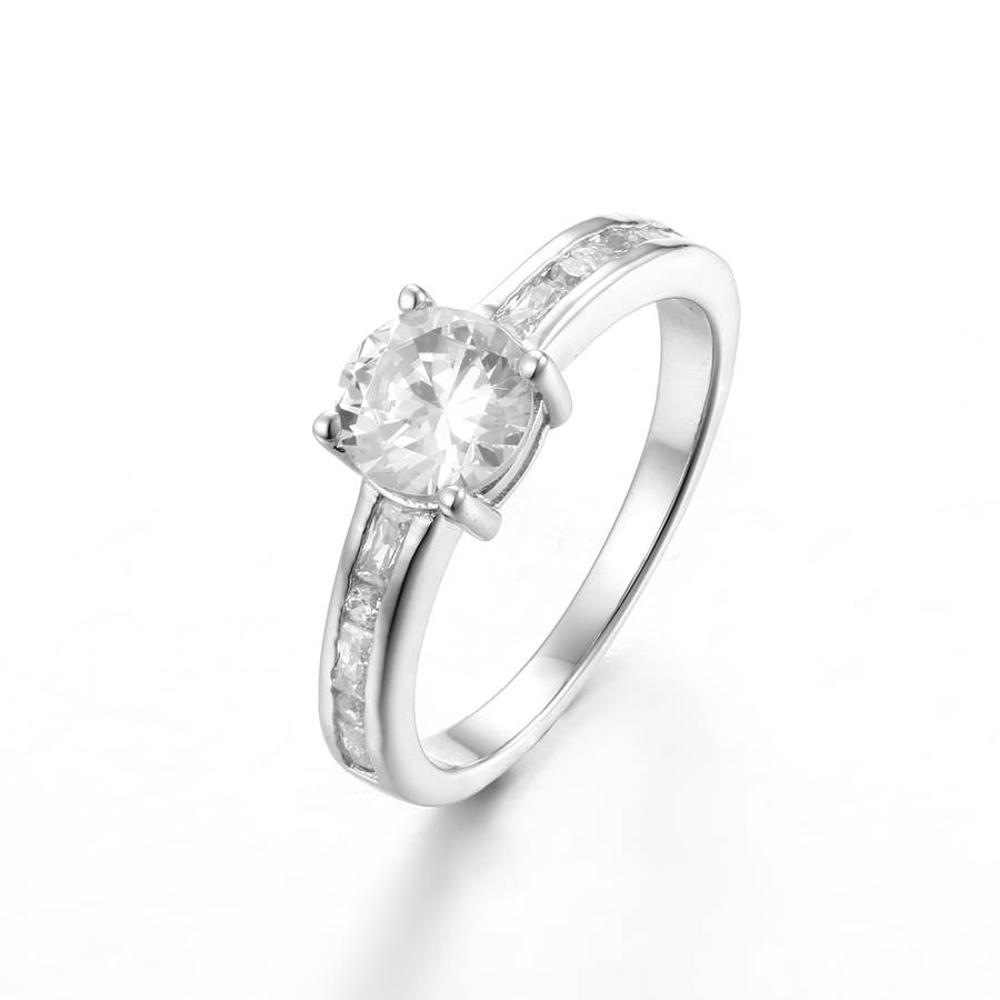 Sterling Silver Solitaire Engagement Wedding Ring With Channel Set Baguettes On Band SR00010