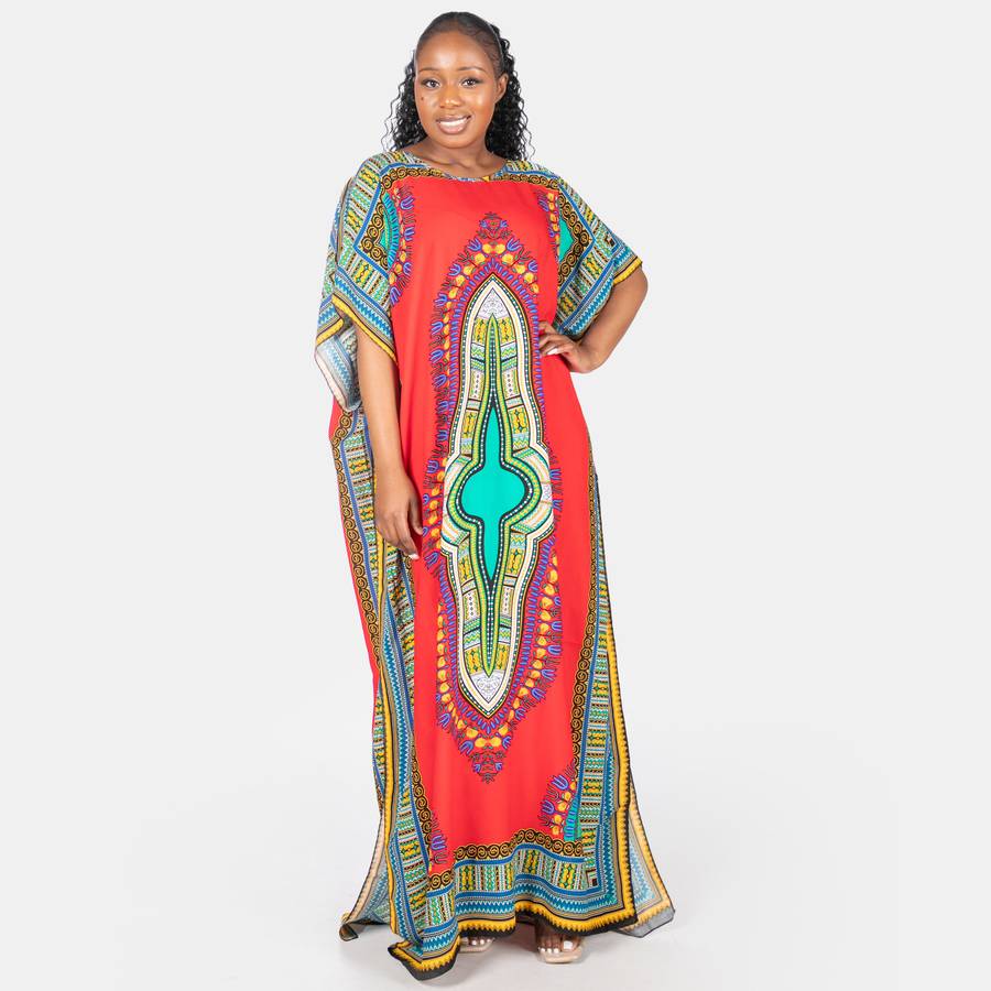 Ladies' African Dashiki Printed Kaftan - Red