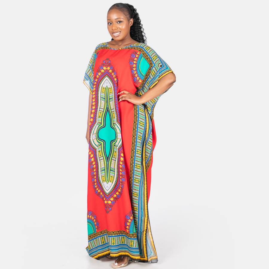 Ladies' African Dashiki Printed Kaftan - Red