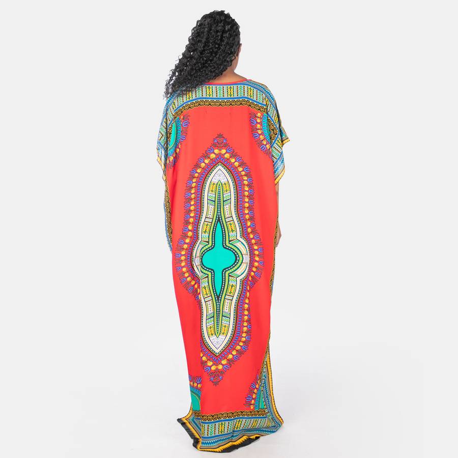 Ladies' African Dashiki Printed Kaftan - Red