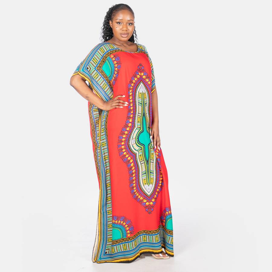 Ladies' African Dashiki Printed Kaftan - Red