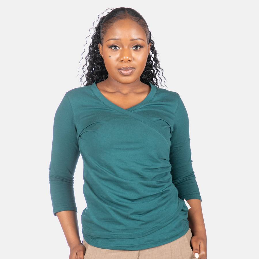 Women's Cross Over 3/4 Length V-Neck Top - Teal