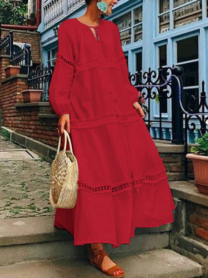 Women Long Sleeve Hollow Patchwork Loose Casual Swing Long Maxi Dress - Red / 4XL