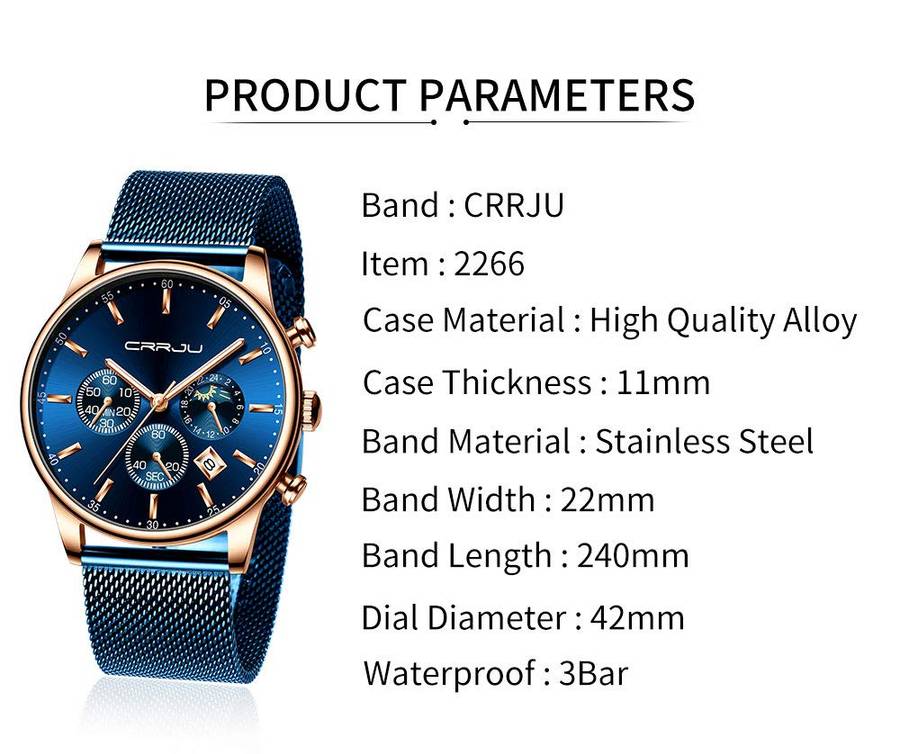 CRRJU Men's Watches Auto Date Chronograph Watch Men Sports Watches Waterproof 30M Full Steel Quar...