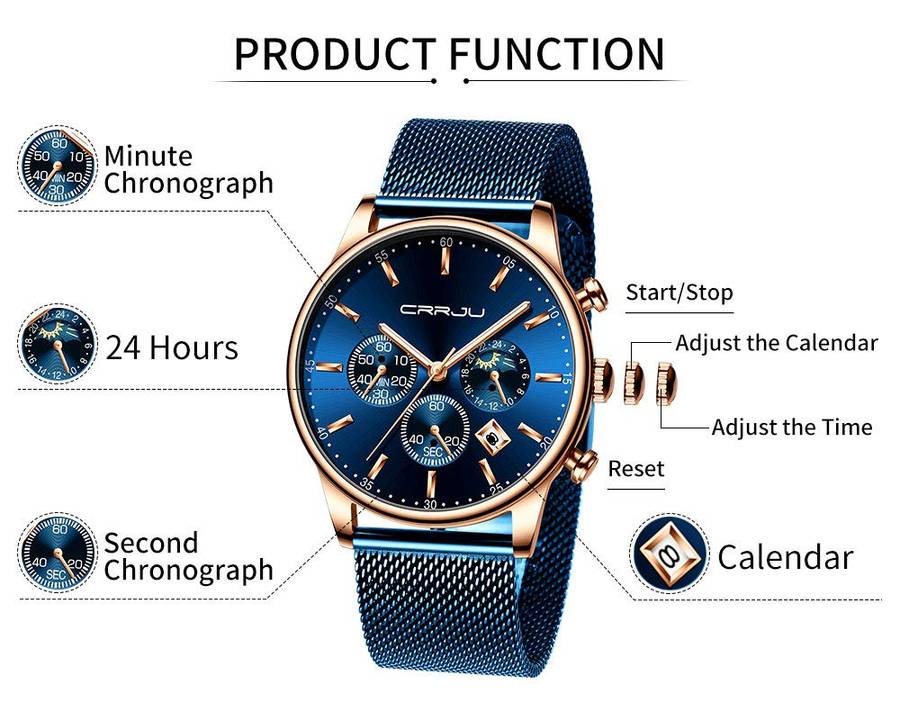 CRRJU Men's Watches Auto Date Chronograph Watch Men Sports Watches Waterproof 30M Full Steel Quar...
