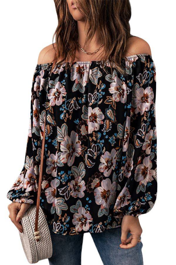 Ladies Off the Shoulder Blouse - Black Floral