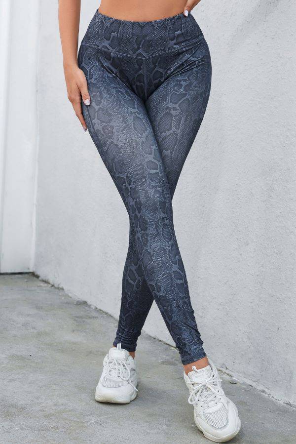 Wide Waistband Leopard Print Leggings - Blue/Grey