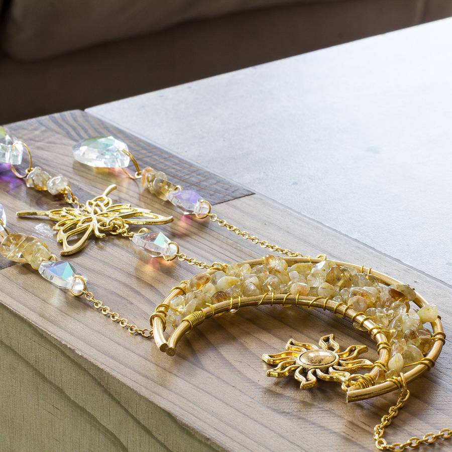 Natural Yellow Quartz Chip & Metal Moon Hanging Suncatcher