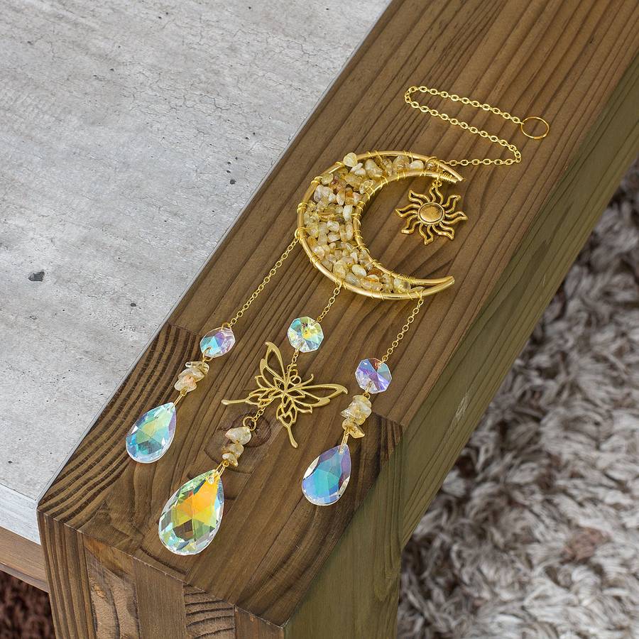 Natural Yellow Quartz Chip & Metal Moon Hanging Suncatcher