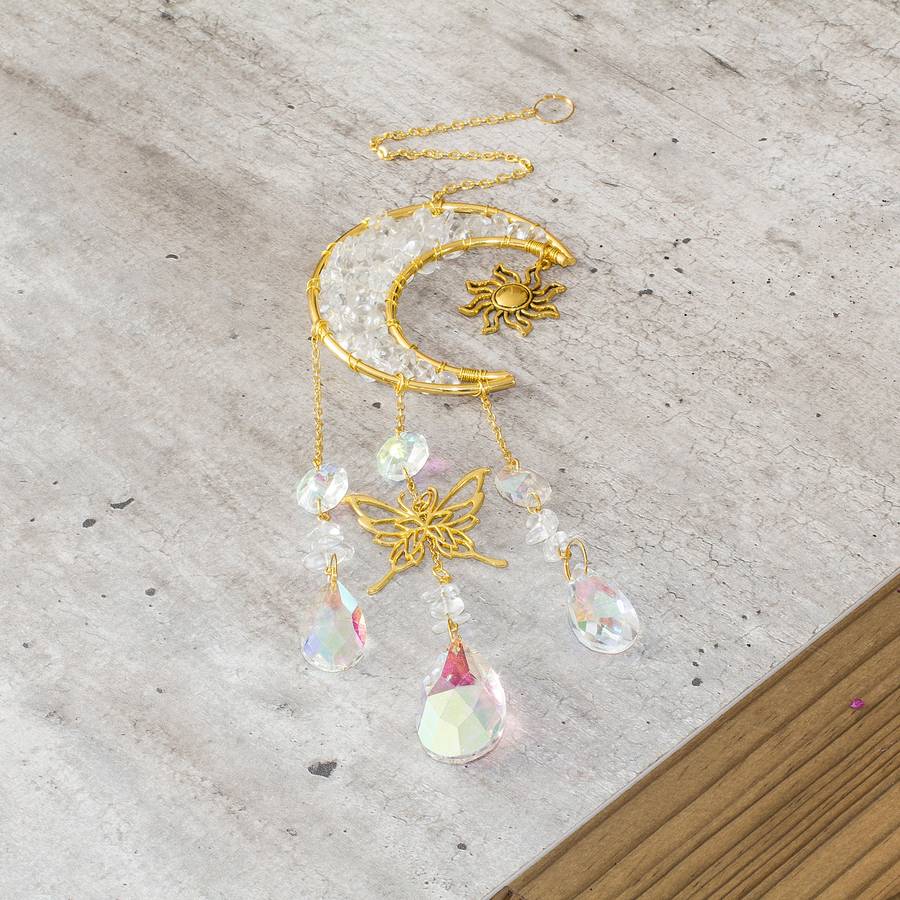 Natural Quartz Chip & Metal Moon Hanging Suncatcher