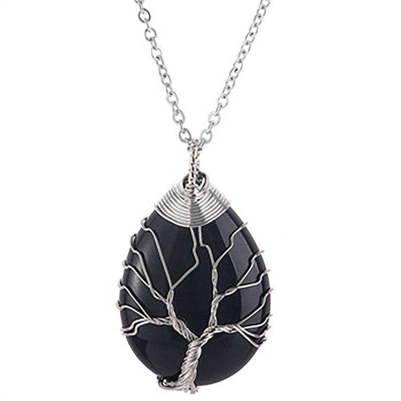 Tree of life Drop Necklace - Obsidian
