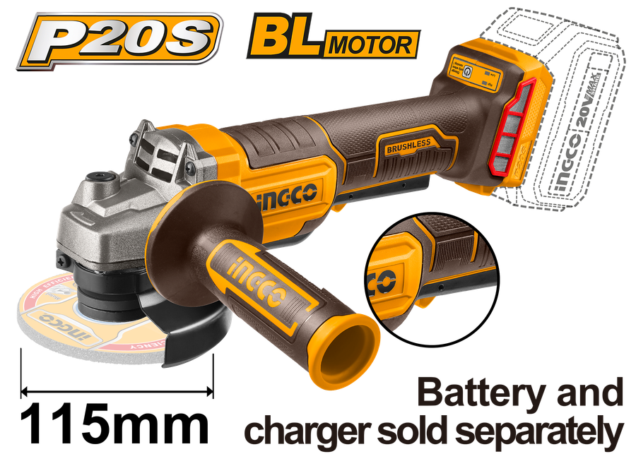 Ingco Cordless Angle Grinder Brushless 20V 115Mm - Machine Only