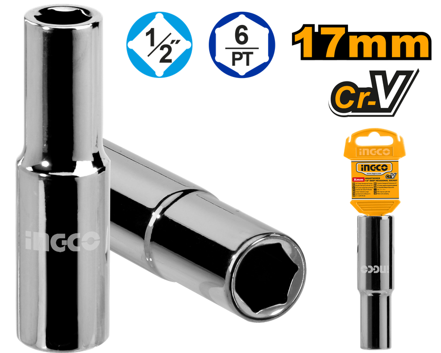 Ingco Socket Deep Hex 1/2Dr 6Pt 17Mm