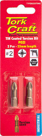 Tork Craft Pozi 2 X 25Mm Insert Bit Torsion Tin Coated 2Pce Pz2 -