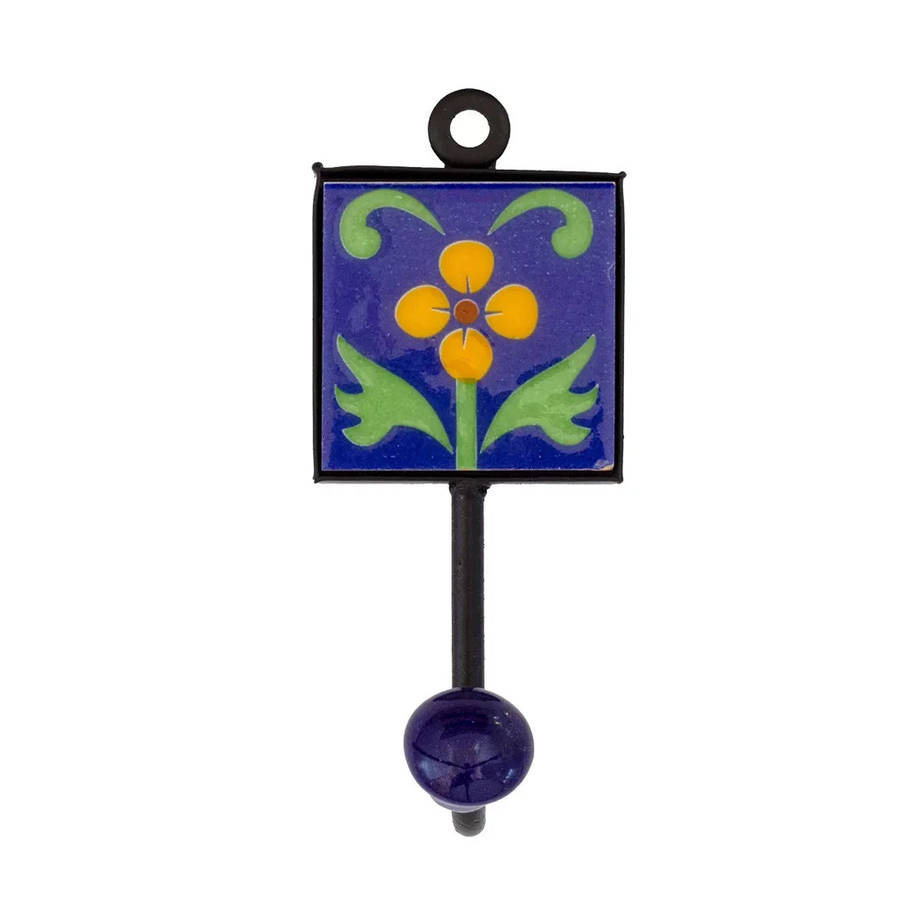 Ceramic Hook - Single Blue Yellow Flower