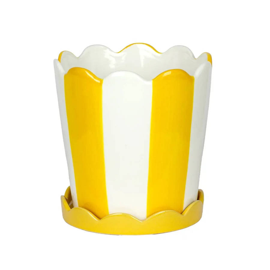 Planter - Scalloped Yellow Stripes with Base