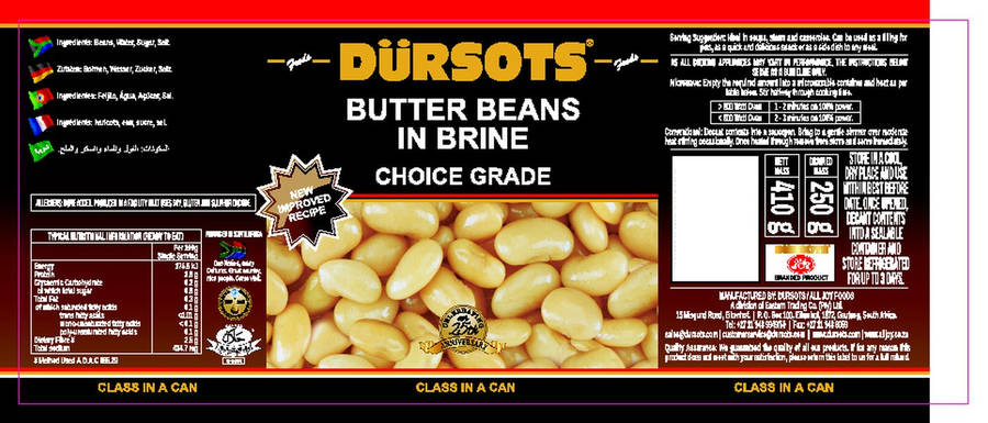 Dürsots Butter Beans In Brine - 12 x 410g