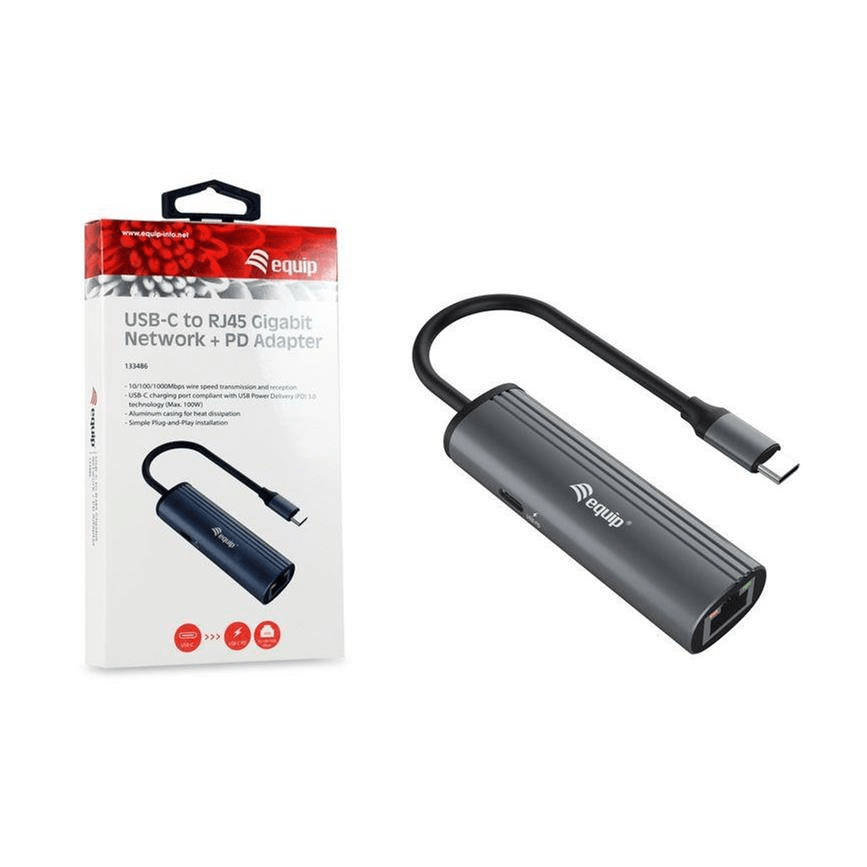 Equip USB-C Male to RJ45 Female Gigabit Network plus 100W USB PD Adapter 133486
