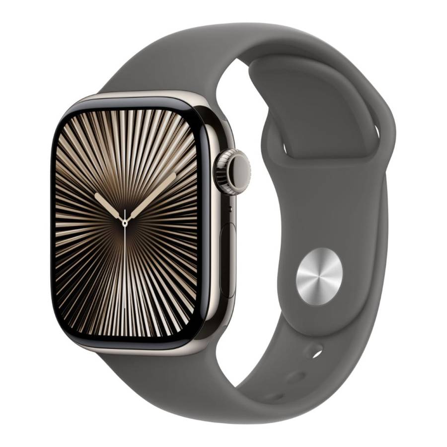 Apple Watch Series 10 GPS + Cellular 42mm Natural Titanium Case with Stone Grey Sport Band S/M MW...