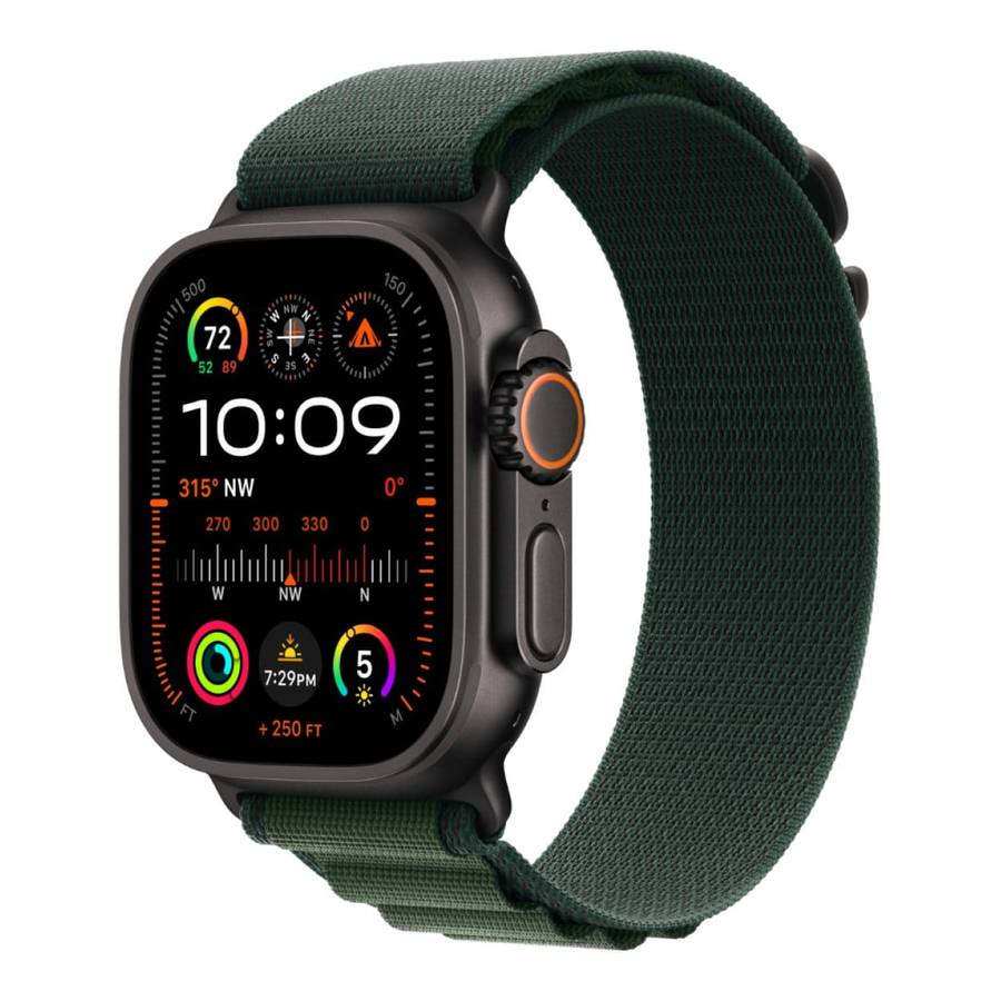 Apple Watch Ultra 2 GPS + Cellular 49mm Black Titanium Case with Dark Green Alpine Loop Small MX4...