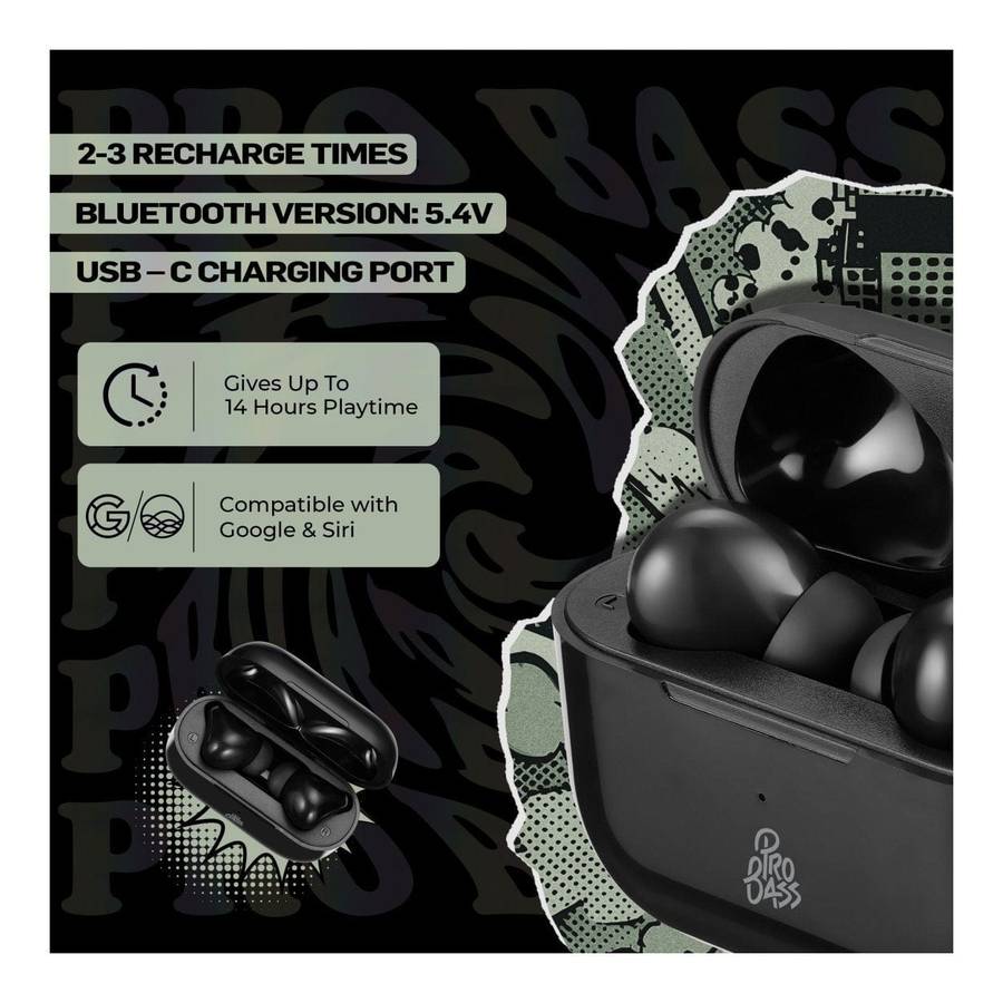 Pro Bass Pulse True Wireless Earbuds with Charging Case Black PR-1119-BK