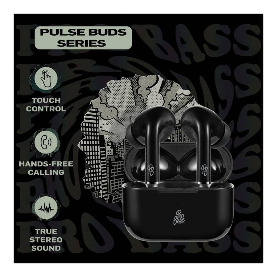 Pro Bass Pulse True Wireless Earbuds with Charging Case Black PR-1119-BK