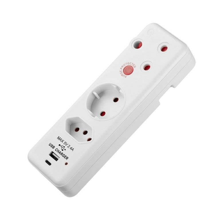 Switched 3-way Medium Surge Protection Schuko Adapter with 1x Type-C and 1x USB-A Charger SWD-720...