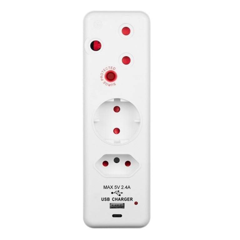 Switched 3-way Medium Surge Protection Schuko Adapter with 1x Type-C and 1x USB-A Charger SWD-720...