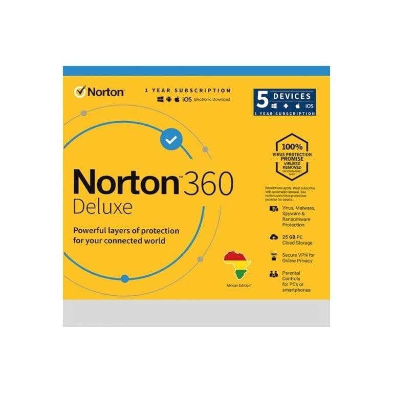 Norton 360 Deluxe for 5x PCs Macs Smartphones or Tablets - Single-user 1-year Subscription Download