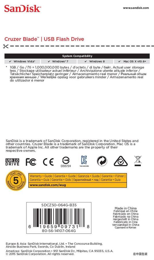 Sandisk Cruzer Blade 64GB USB 2.0 Type-A Black and Red USB Flash Drive SDCZ50-064G-B35