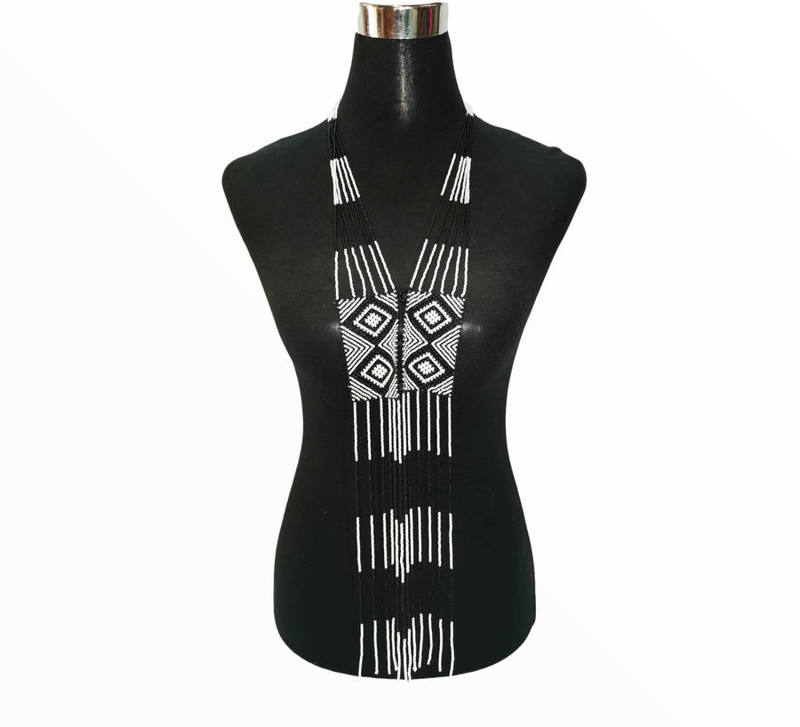 African Beaded Scarf - Black/White