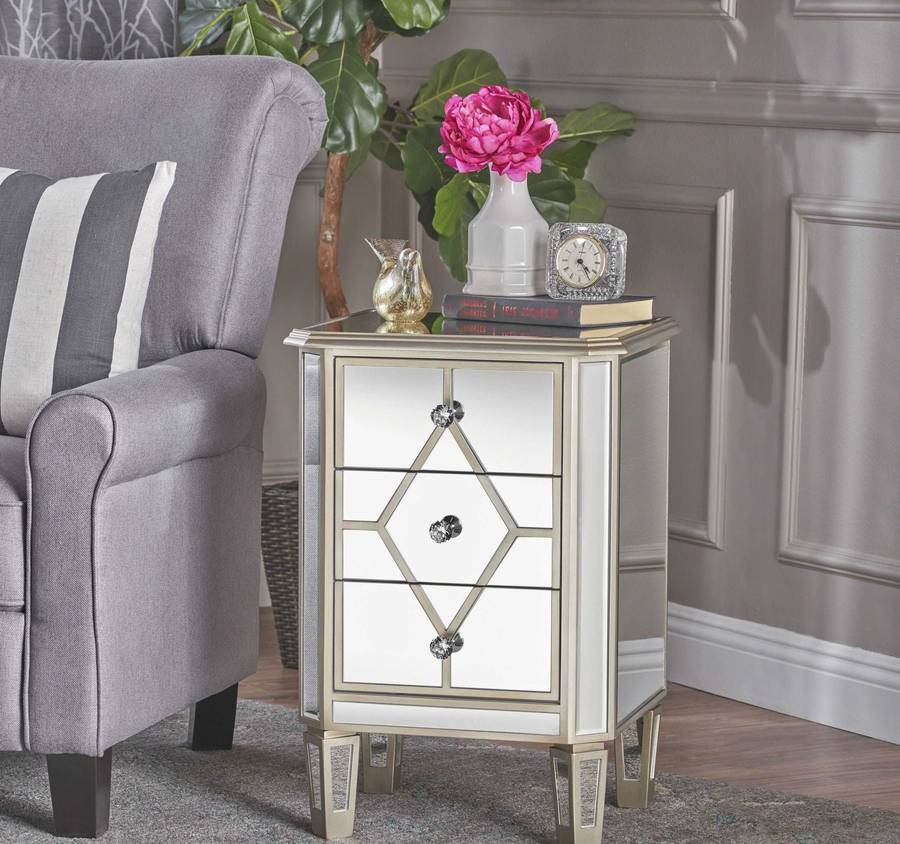 Chateau Blanc Three Drawer Mirrored Side Table