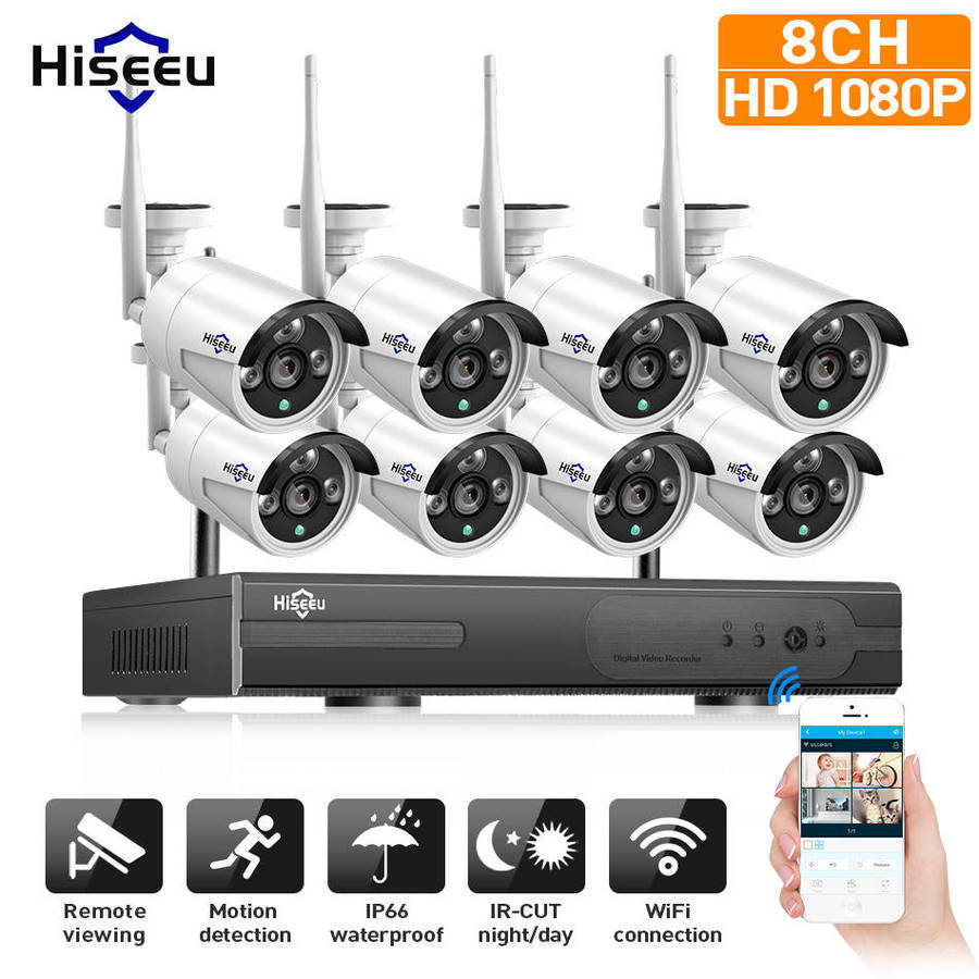 Hiseeu 1080P Wireless CCTV 8CH NVR Kit Outdoor IR Night Vision IP Camera WiFi Camera Security Sur...