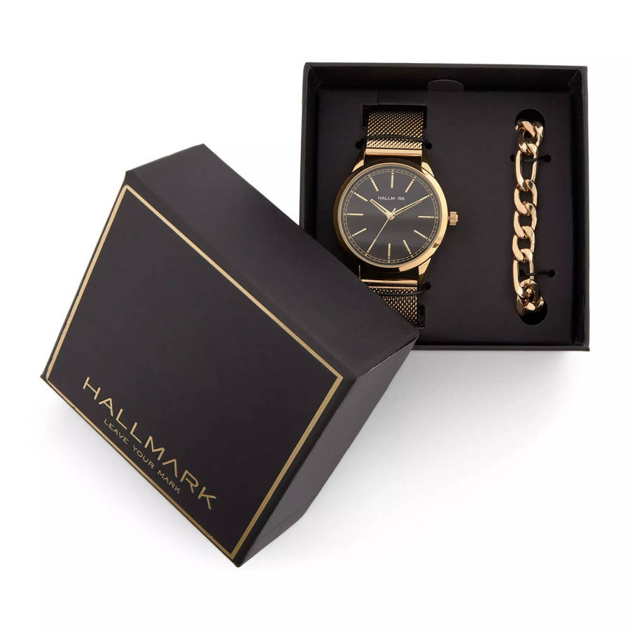 Hallmark Stainless Steel Black and Gold Mesh Woman's Watch Set | HBSM4059