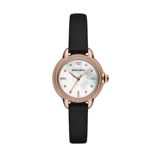 Emporio Armani Three-Hand Black Leather Woman's Watch | AR11598