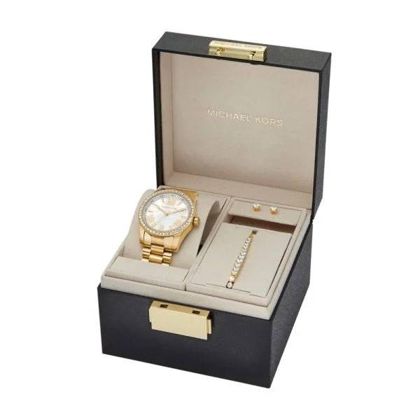 Michael Kors Lexington Three-Hand Gold Stainless Steel Women's Watch and Jewellery Gift | MK1079SET