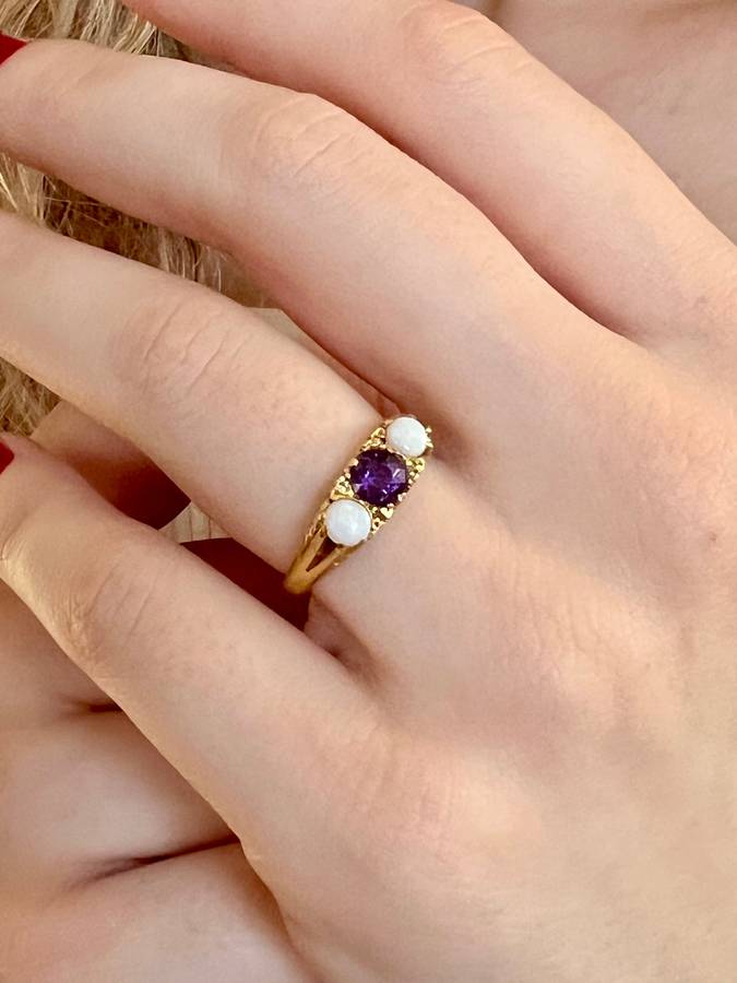 1977 Vintage Opal, Amethyst and Diamond 18ct Gold Ring