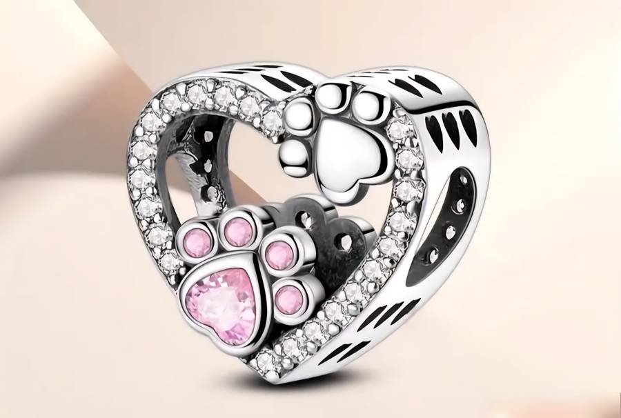 Paw Print Pink Stone Heart Charm - Compatible with Pandora Bracelets