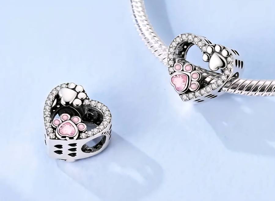 Paw Print Pink Stone Heart Charm - Compatible with Pandora Bracelets
