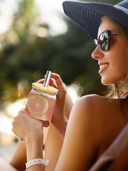 4Pcs Beer Drinking Glass Cup 500ML Can Shaped Glasses Beer Glass Cup with Bamboo Lids and Stainless