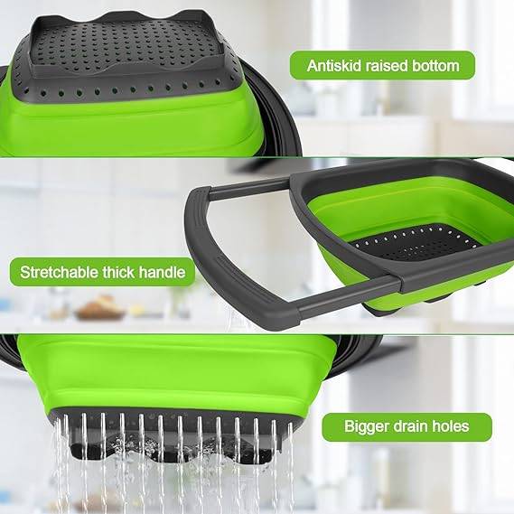 Silicone Collapsible Strainer with Extendable Handle Over Sink Drain Basket for Pasta, Vegetables, F