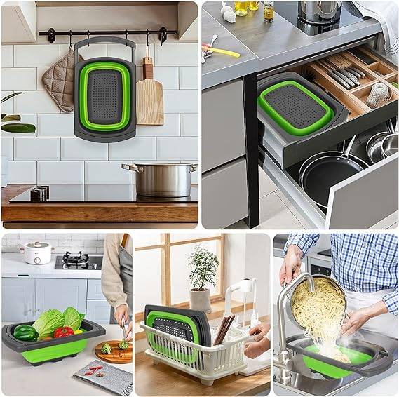 Silicone Collapsible Strainer with Extendable Handle Over Sink Drain Basket for Pasta, Vegetables, F