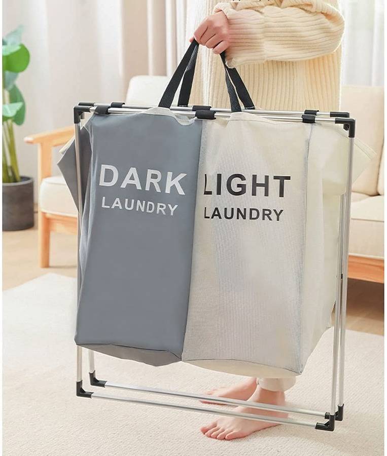 Waterproof Sorting Basket Trash Can Hotel Bathroom, Laundry Basket Foldable 2 Sections